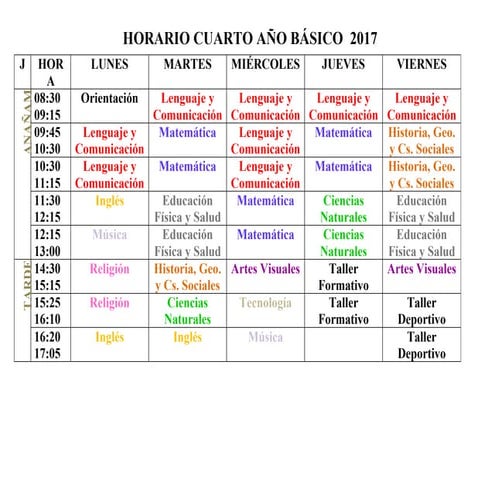Horario cuarto básico 2017 sala