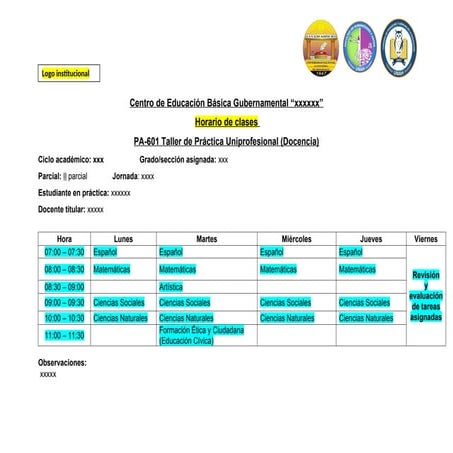 Horario de clases, diario pedagógico y registro de asistencia al centro ...