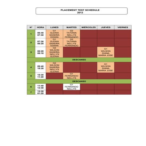 Horario placement test 2012