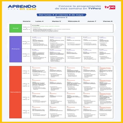 Horario programas semana 5 Aprendo en Casa