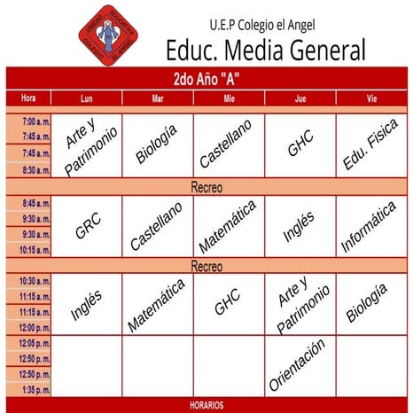 Horarios 2 do año 2 Momento Pedagógico