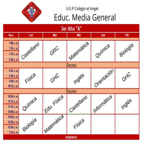 Horarios 3 er año 2 Momento Pedagógico