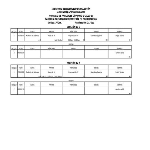 Horarios de parciales cómputo 2 oct 2011
