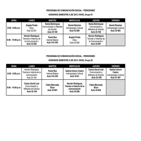 Horarios finales Comunicación Social  2012
