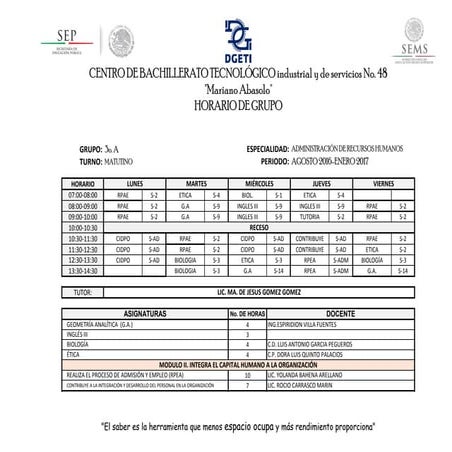Horario tercer semestre  alumnos 