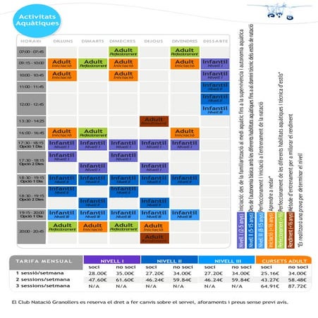 Horaris i tarifes cursets de natació