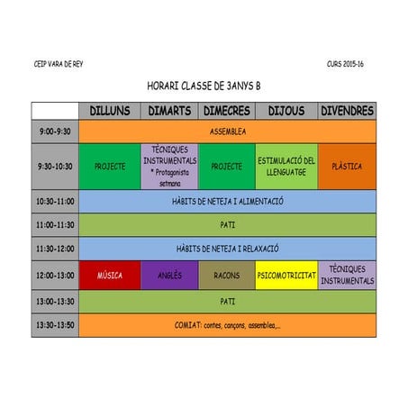 Horari Classe de 3 anys b CEIP Vara de Rey