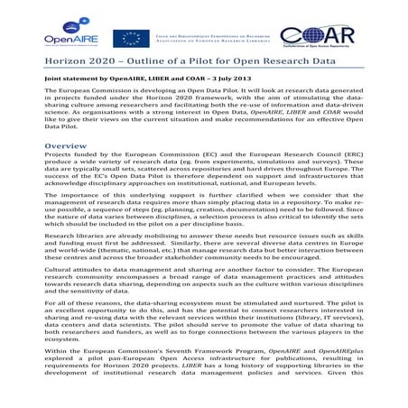 Horizon 2020: Outline of a Pilot for Open Research Data  