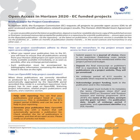 OpenAIRE factsheet: Open Access in Horizon 2020 (for Project Coordinators) 