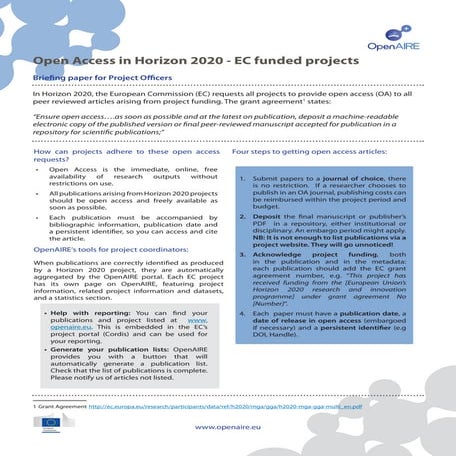 OpenAIRE factsheets: Open Access in Horizon 2020 (for Project Officers)