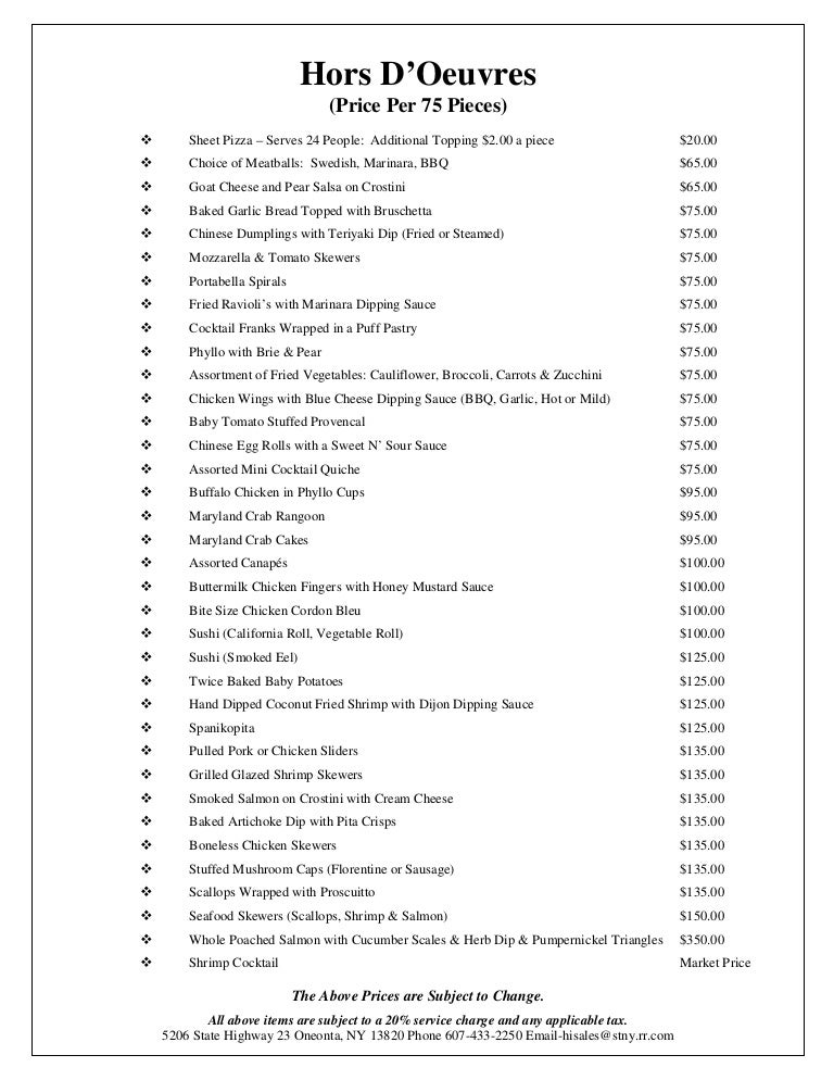 Hors D Oeuvres Menu