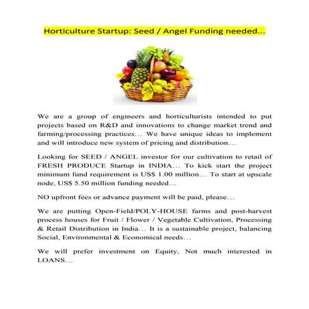 Horticulture Startup -  seed / angel funding needed