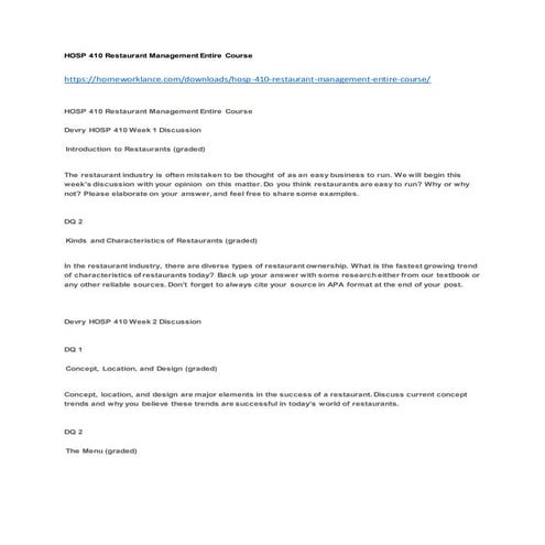 Hosp 410 restaurant management entire course