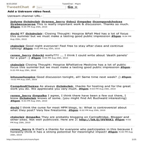 Hospice and palliative tweetchat transcript 2010 08 25