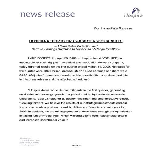 Q1 2009 Earning Report of Hospira, Inc.