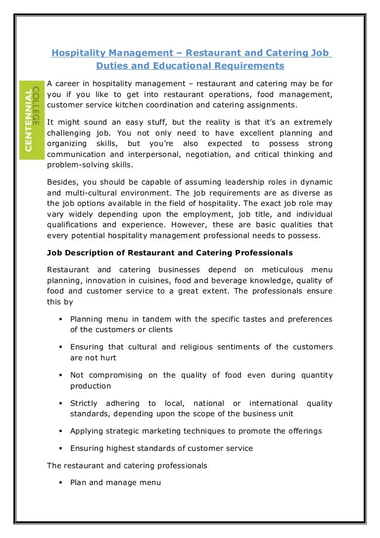 Hospitality management restaurant and catering job duties and educa…