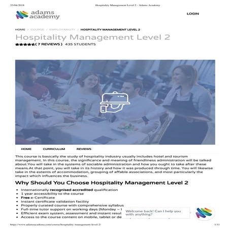 Hospitality management level 2-Adams Academy