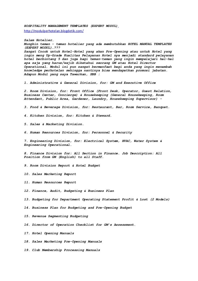 Hospitality management templates