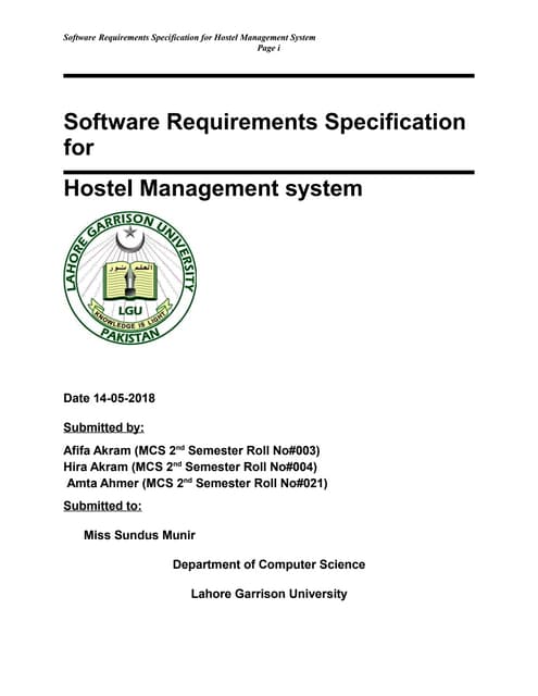 Hostel management system Software Engineering SRS | PDF