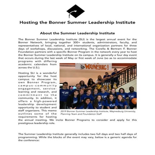 Hosting Bonner Summer Leadership Institute Memo