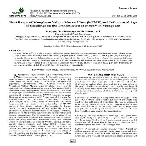 Host range of mungbean yellow mosaic virus (mymv) and influence of age of seedlings on the transmission of mymv in mungbean