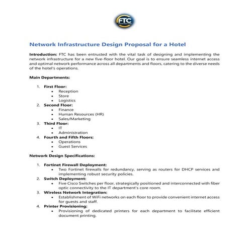 Comprehensive Network Infrastructure Design Proposal for a Five-Floor Hotel