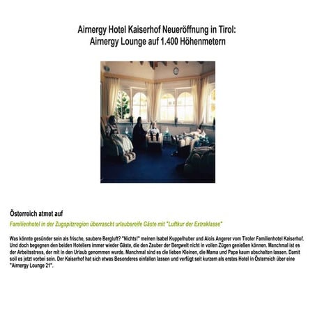 Airnergy Hotel Kaiserhof Neueröffnung in Tirol: Airnergy Lounge auf 1.400 Höh...
