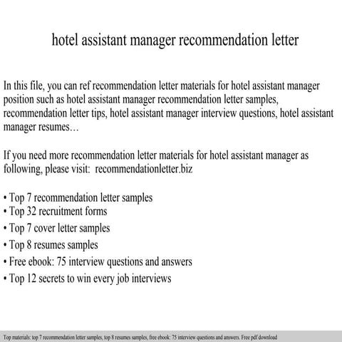 Hotel assistant manager recommendation letter | PPT