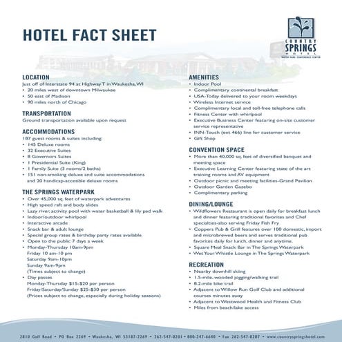 Country Springs Hotel Fact Sheet