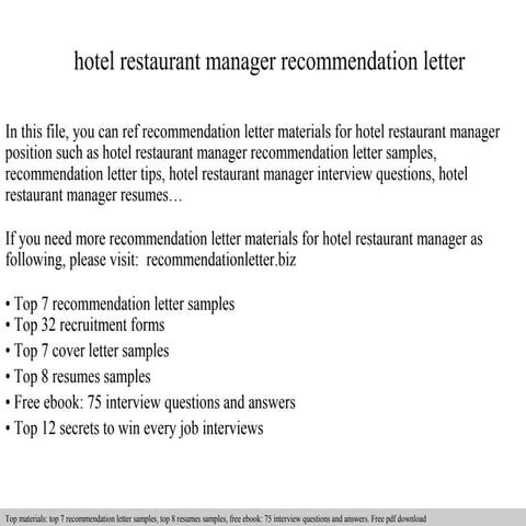 Hotel restaurant manager recommendation letter