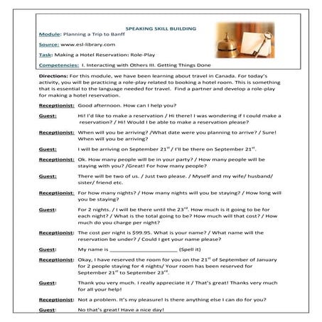 Hotel Role Play  Speaking Skill Building