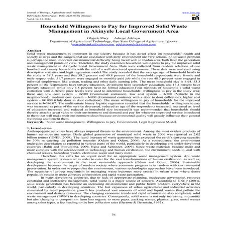 Household willingness to pay for improved solid waste management in akinyele ...