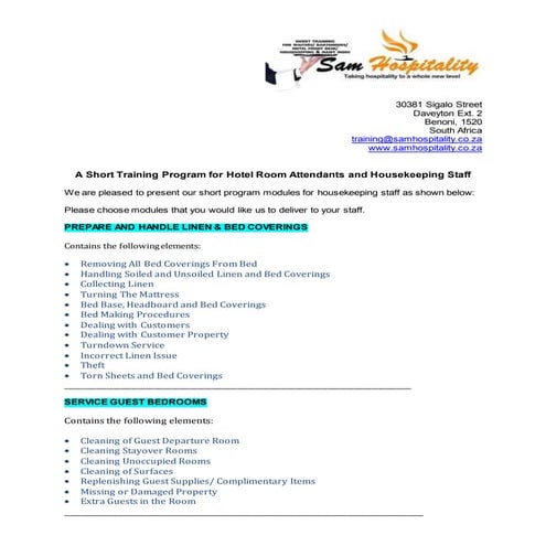 On-site Housekeeping training | Hotels | Game Lodges | Villas | Apartmentss