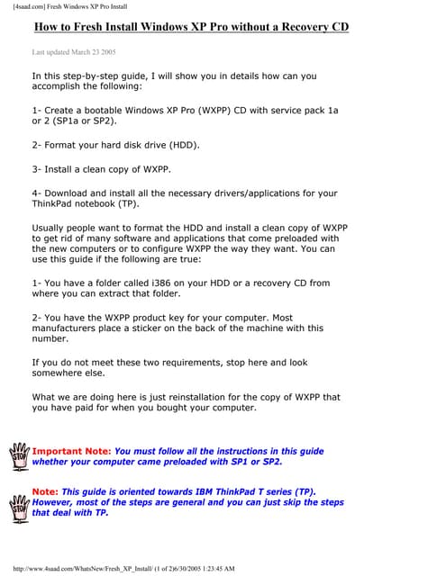 How To  Fresh  Install  Windows  X P  Pro Without A  Recovery  C D