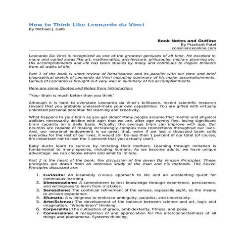 How to Think Like Leonardo da Vinci By Michael J. Gelb Book Notes and Outline...