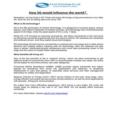 How 5G would influence the world - E-Lins Technology