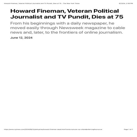 Howard Fineman, Veteran Political Journalist and TV Pundit, Dies at 75
