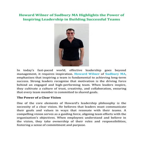 Howard Wilner of Sudbury MA is Building a Lasting Legacy of Leadership ...