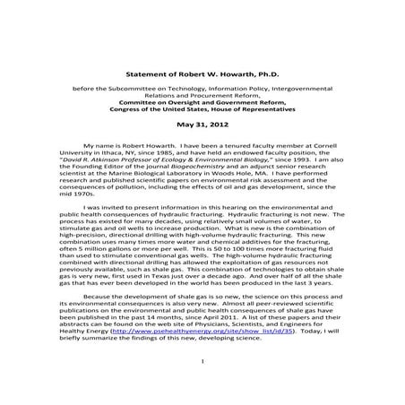 Statement of Robert W. Howarth to Congress on the Dangers of Fracking