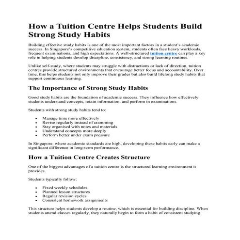How a Tuition Centre Helps Students Build Strong Study Habits. | PDF