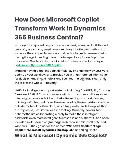 Microsoft Copilot Transformation in Dynamics 365 Business Central