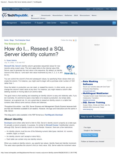 How do i... reseed a sql server identity column tech_republic | PDF