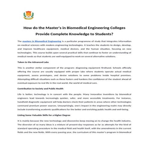 How do the Master's in Biomedical Engineering Colleges Provide Complete ...