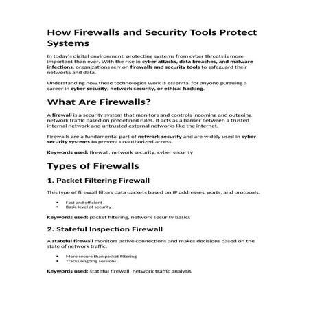 Comprehensive Guide to Firewalls and Security Tools in Cybersecurity | DOCX