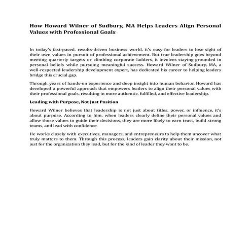 How Howard Wilner of Sudbury, MA Helps Leaders Align Personal Values ...
