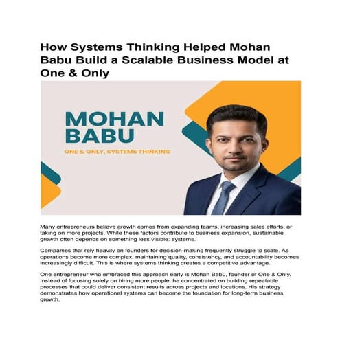 How Systems Thinking Enabled Mohan Babu to Scale One & Only ...
