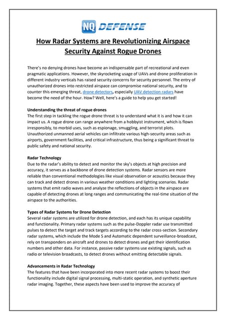The Crucial Role of Drone Radar Detection in C-UAV Systems | PDF