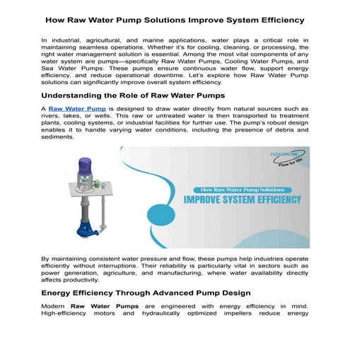 How Raw Water Pump Solutions Improve System Efficiency