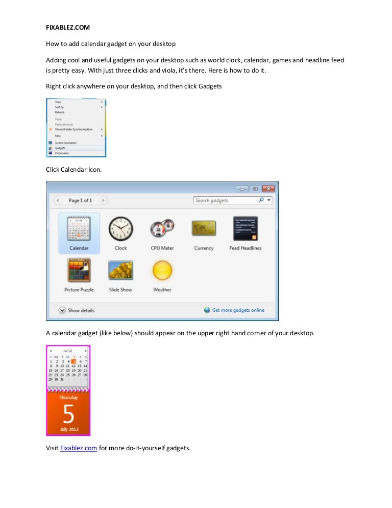How to add calendar gadget on your desktop