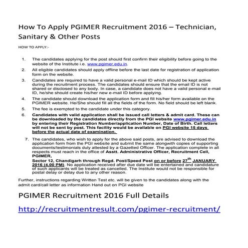 How to Apply PGIMER Recruitment 2016 – Technician, Sanitary & Other Posts